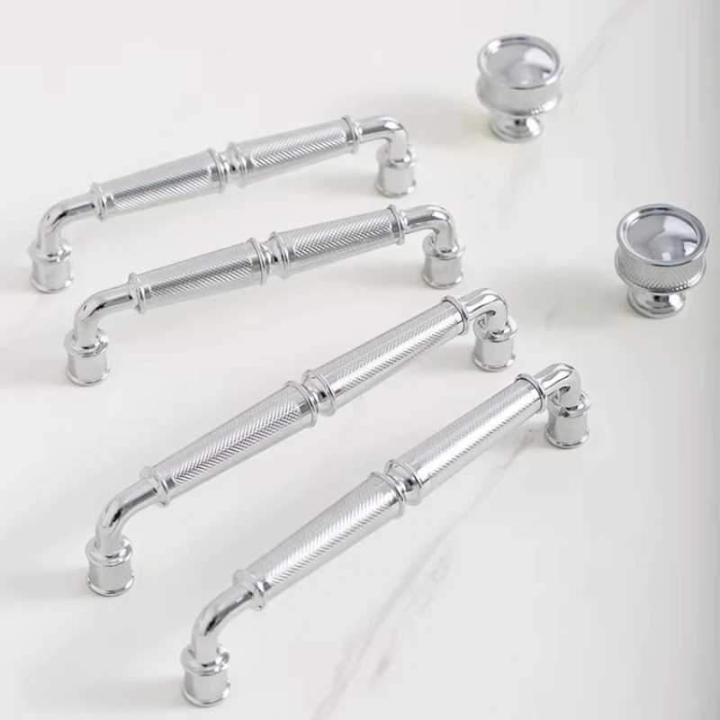 Bright Silver Bedroom Kitchen Drawer Handle Solid Brass Diamond-cut Cross Knurl Pattern Knob Cabinet Pull Bar Hardware Furniture