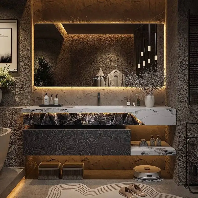 Modern Bathroom Cabinet Slate Integrated Basin Set Solid Wood Basin Antique Bathroom Toilet Oak Washbasin Bathroom Furniture