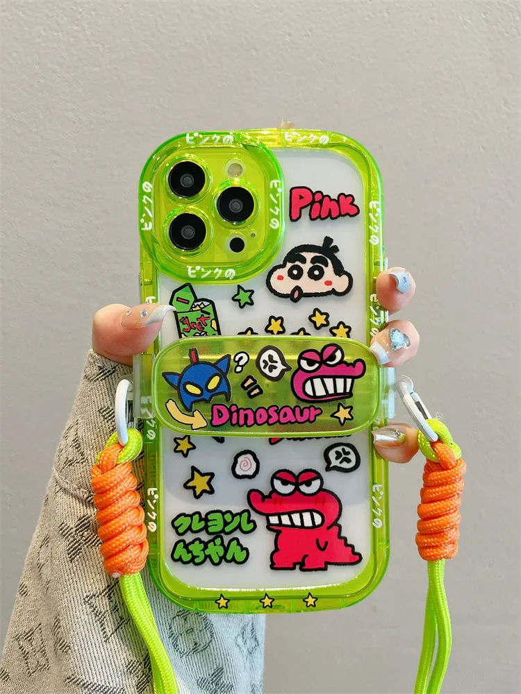 Lindo 3D Anime dibujos animados Crayon Shin-chan cordón correa cruzada funda de teléfono para iPhone 11 12 13 14 15 16 Pro Max plus cubierta transparente ﻿