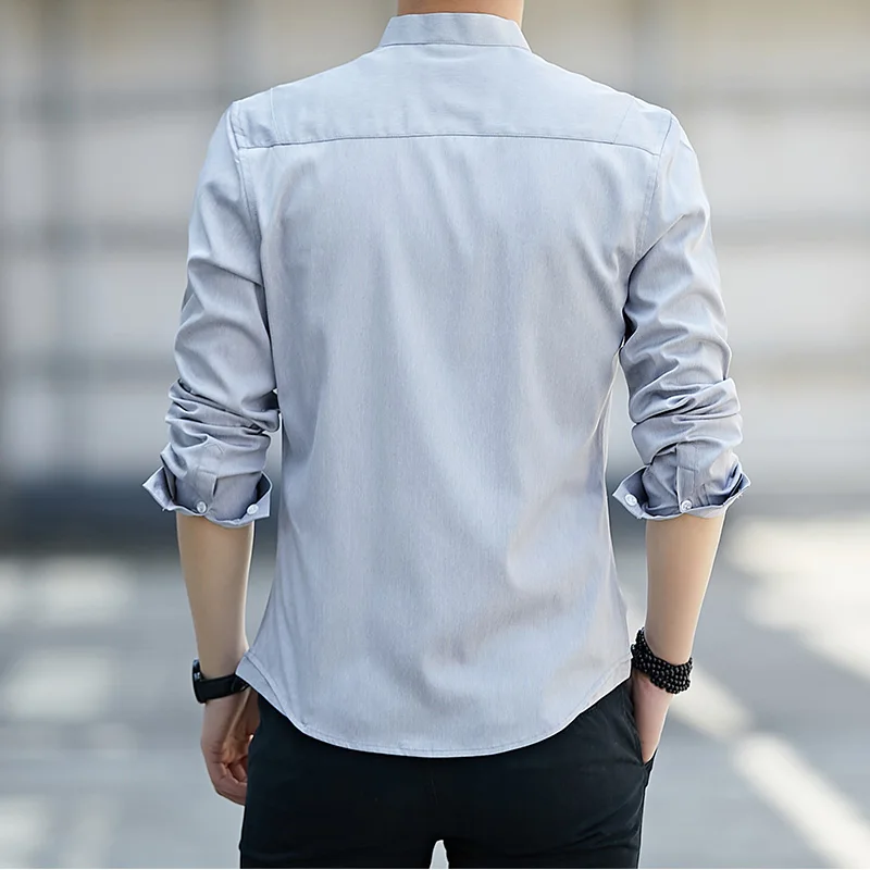Korean Stand Collar Shirts All-match Solid Color Spring Autumn Commute Single-breasted Men\'s Clothing Casual Long Sleeve Shirts