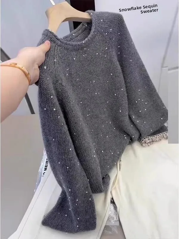 

ey Snowflake Sequin Loose Long Sve Knitwear Women's plus Size Spring Casual Meat Concealing Comfortable Knitted Top