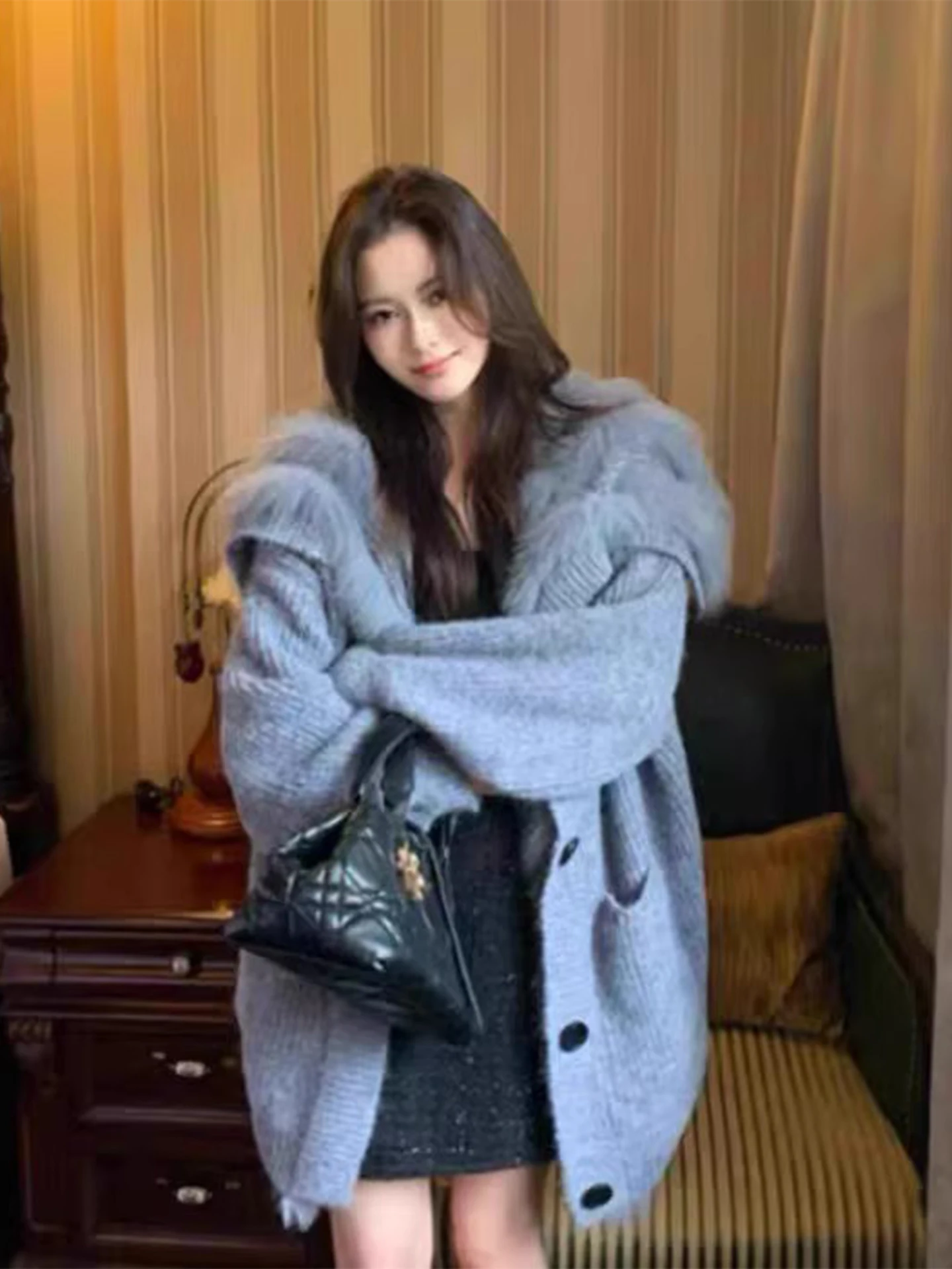 

Clothland Women Stylish Fur Collar Knitting Cardigan Long Sleeve Single Breasted Sweater Jacket Female Retro Loose Coat CB258