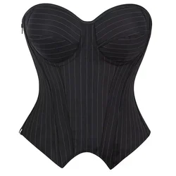 Black Striped Zipper Overbust Corset and Bustier Shapewear Top for Women Office Lady Corselet