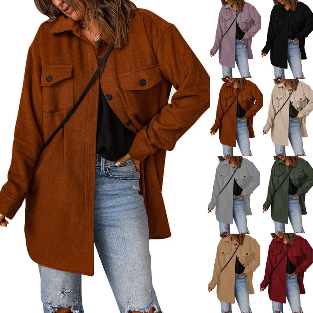 Women's Solid Color Long Sleeved Single Breasted Casual Lapel Woolen Coat 2024 Autumn