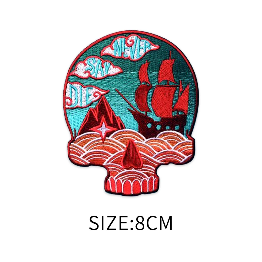 Art Skull Embroidered Patches for Clothing Sewing Accessories Japanese Element Ocean Cloud Sailboat Mountain Embroidery Crafts