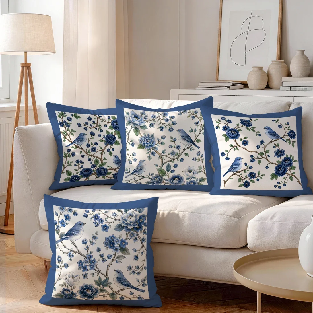 Blue White Porcelain Blue Flower Bird Cushions Pillowcase Polyester Cushion Cover Throw Pillow Pillowcover Home Car Sofa Decor