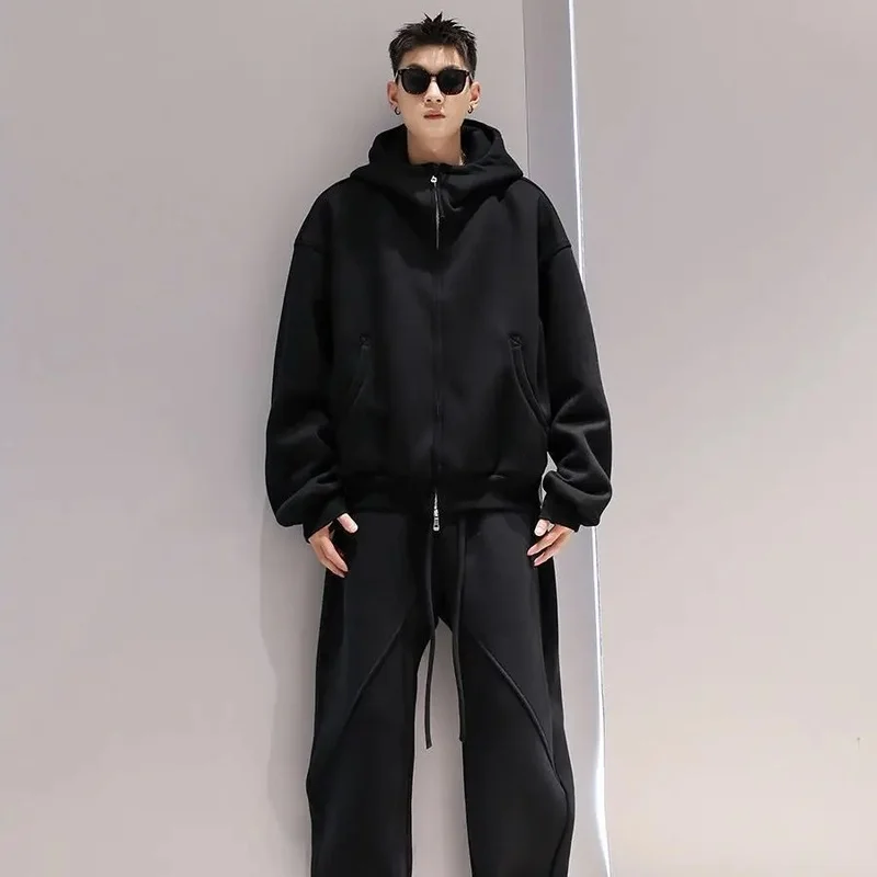 2026 Spring Autumn Men Hooded Two Piece Tracksuit, Loose Fashion Zip Up Pullover Sweatshirt Streetwear Sports Pants Outfit