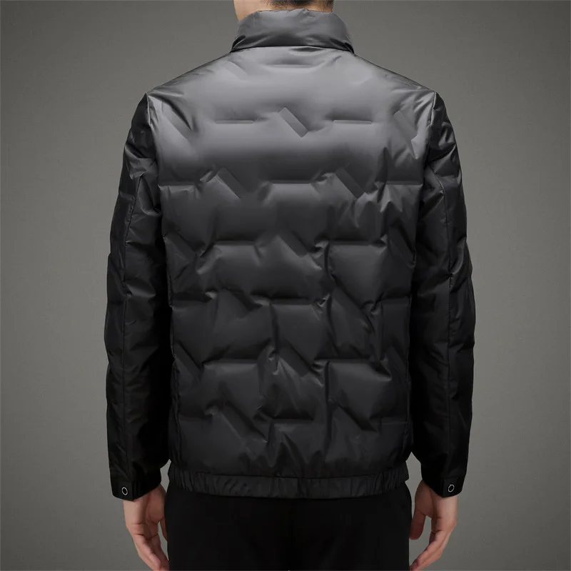 Men's Short Standing Collar Solid Color Winter Warm and Glossy Business Casual Down Jacket