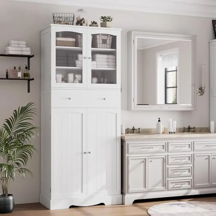 71" Tall Bathroom Storage Cabinet, Modern Large Storage Cabinet with Glass Doors and Drawers, Freestanding Linen Cabinet Kitchen