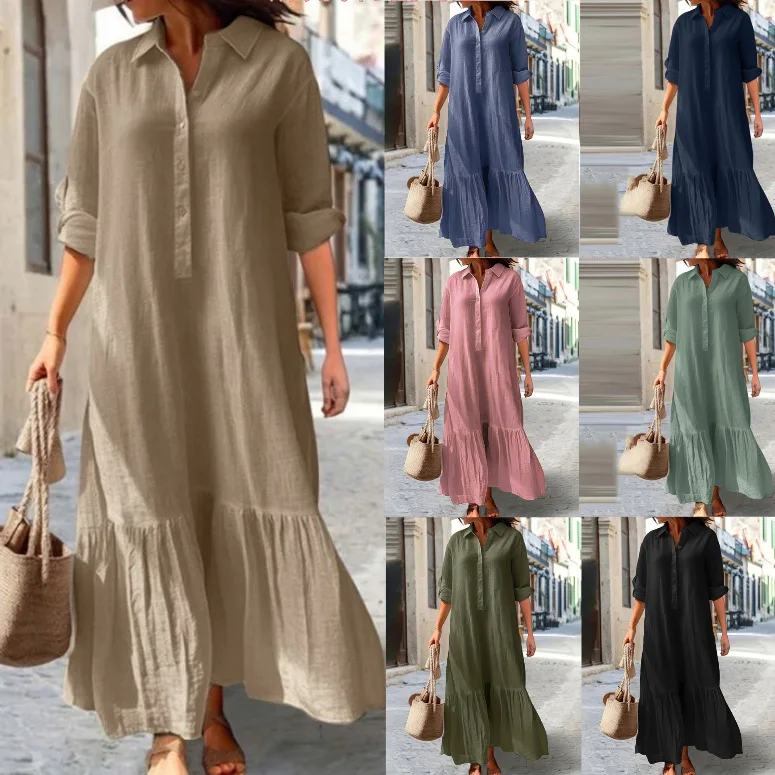 

2025 European and American New Cotton and Linen Long Irregular Dress Shirt Collar Button Casual Dress