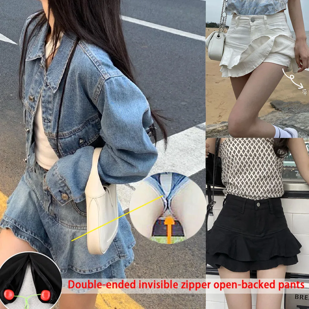 Denim Skirt Women's Anti Light Denim  Sexy Skirt Trousers Women's Invisible Open Crotch A-word Short Skirt Outdoor Sex Pee Pants