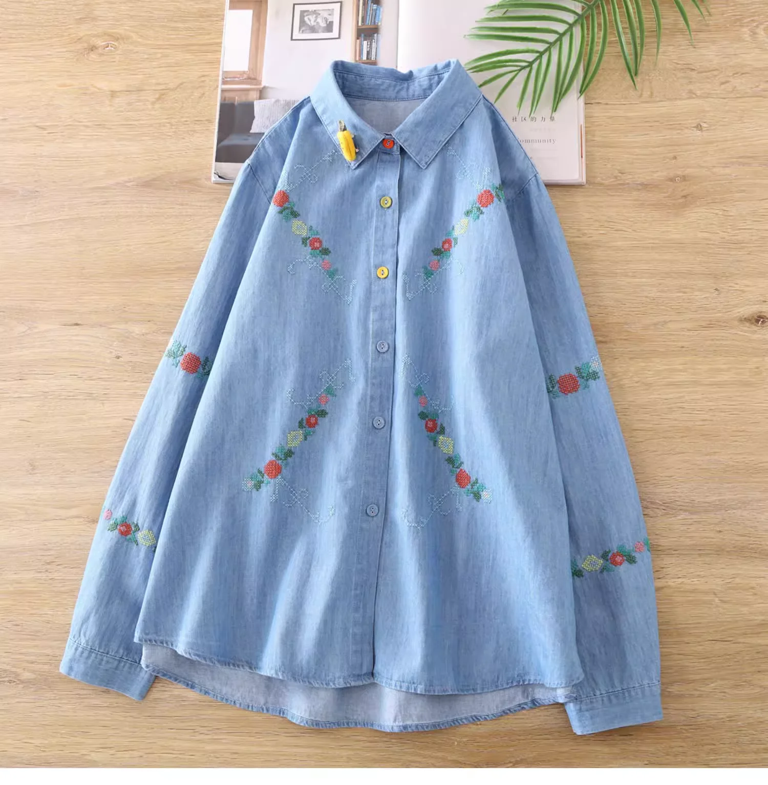 Autumn clothes woman 2024 vintage denim shirts women flowers embroidered denim blouses jean original brand women\'s clothing