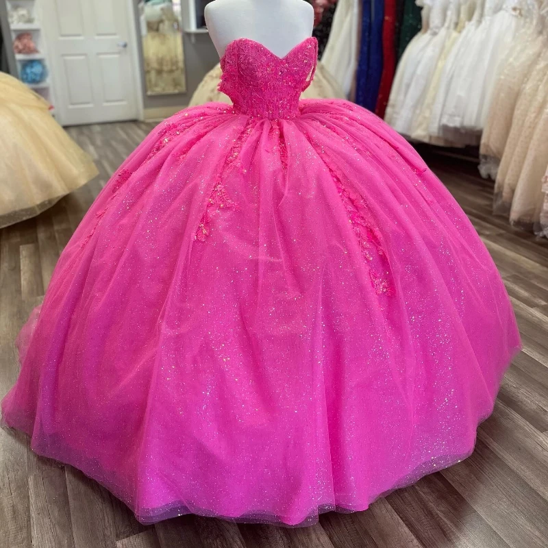 

Розово-красное блестящее платье для Quinceanera, мексиканские платья с открытыми плечами 15 дюймов, милые бальные платья принцессы 16 дней рождения XV, платье Золушки для девушки