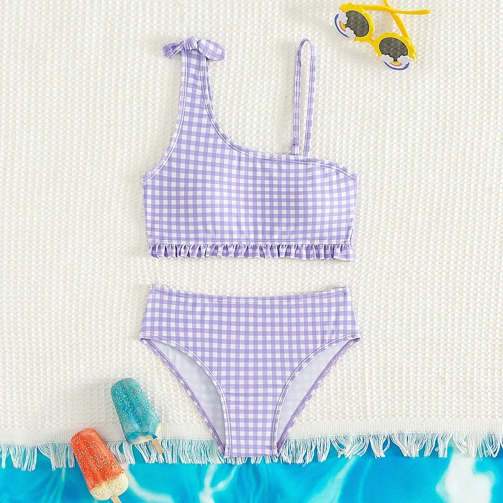 New Summer Kids Split Swimsuit for Girls Bikini Sets 5-14 Years High Waist Purple Plaid Girl Swimwear Bathing Suit