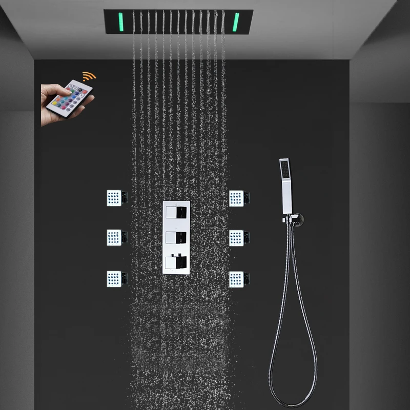 

Multicolor LED Bathroom Shower Set Ceiling Rainfall Thermostatic Bath System Massage Wall mounted body Jets 2 inch