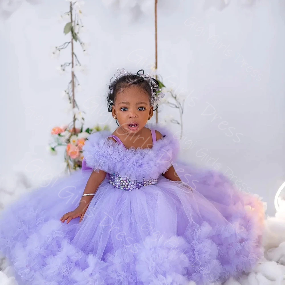 Abito da ragazza di fiori per bambini per matrimonio con spalle scoperte e perline, abito da principessa in tulle a strati, abito da festa di compleanno personalizzato