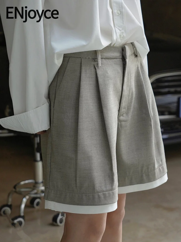 

2024 Spring Summer Women Vintage Contrast Colored Spliced Wide Leg Shorts Korean Fashion Workwear Loose Silhouette Short Pants