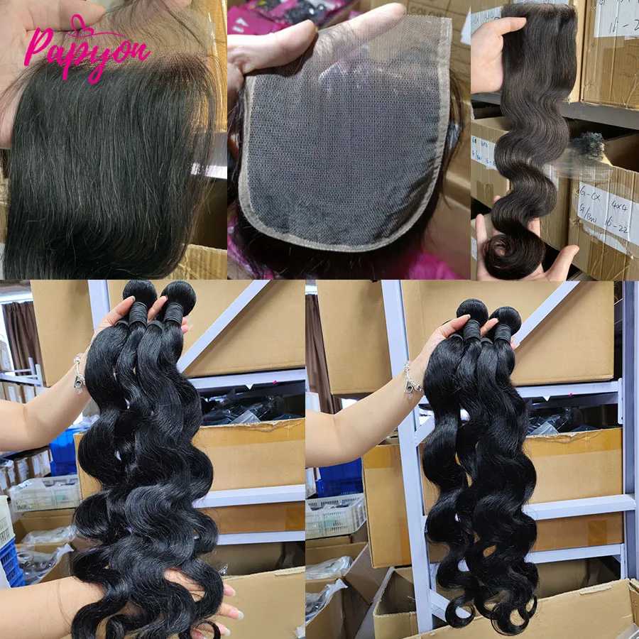 PAPYON Human Hair Bundles With Closure 4x4 Brazilian Body Wave Bundles With Closure Human Hair Weave Extensions 3/4 Bundles Remy