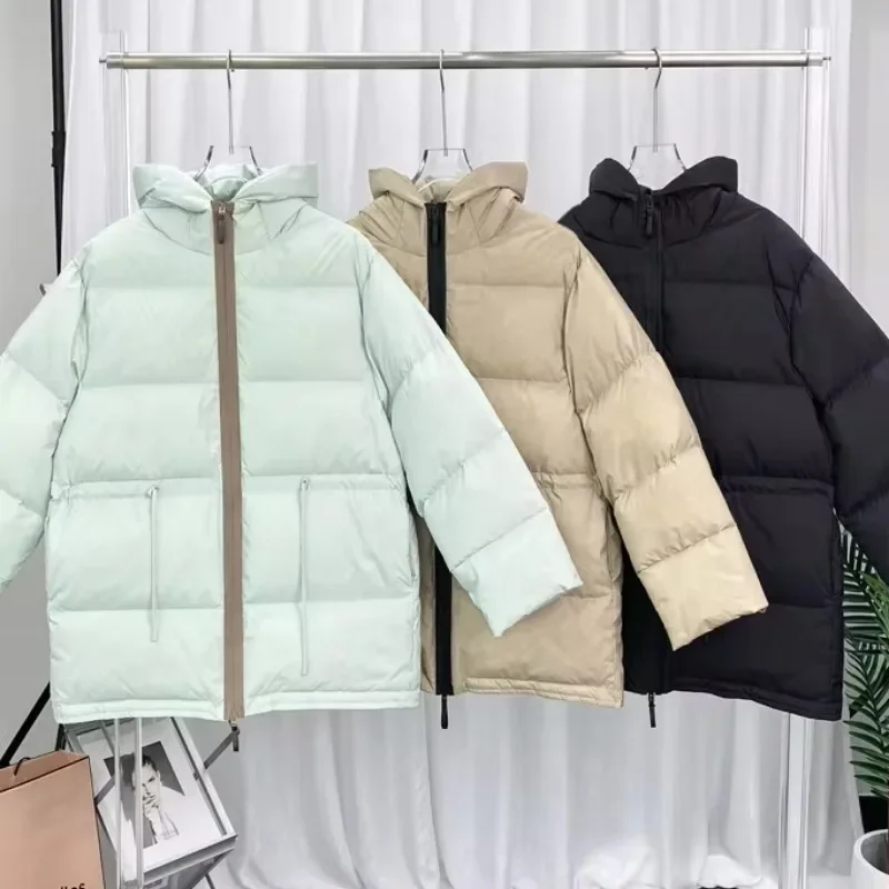 Autumn and Winter New Niche 90 Duck Down Coat Drawstring Hooded Loose Thickened Down Jacket