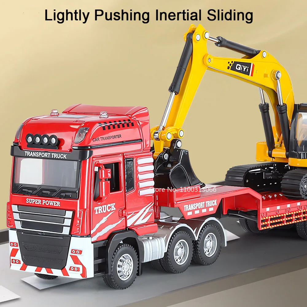 1:48 Flatbed Truck Mounted Excavator Toys Cars Miniature Models Alloy Diecast with Light Music Engineering Car Child Adult Gifts