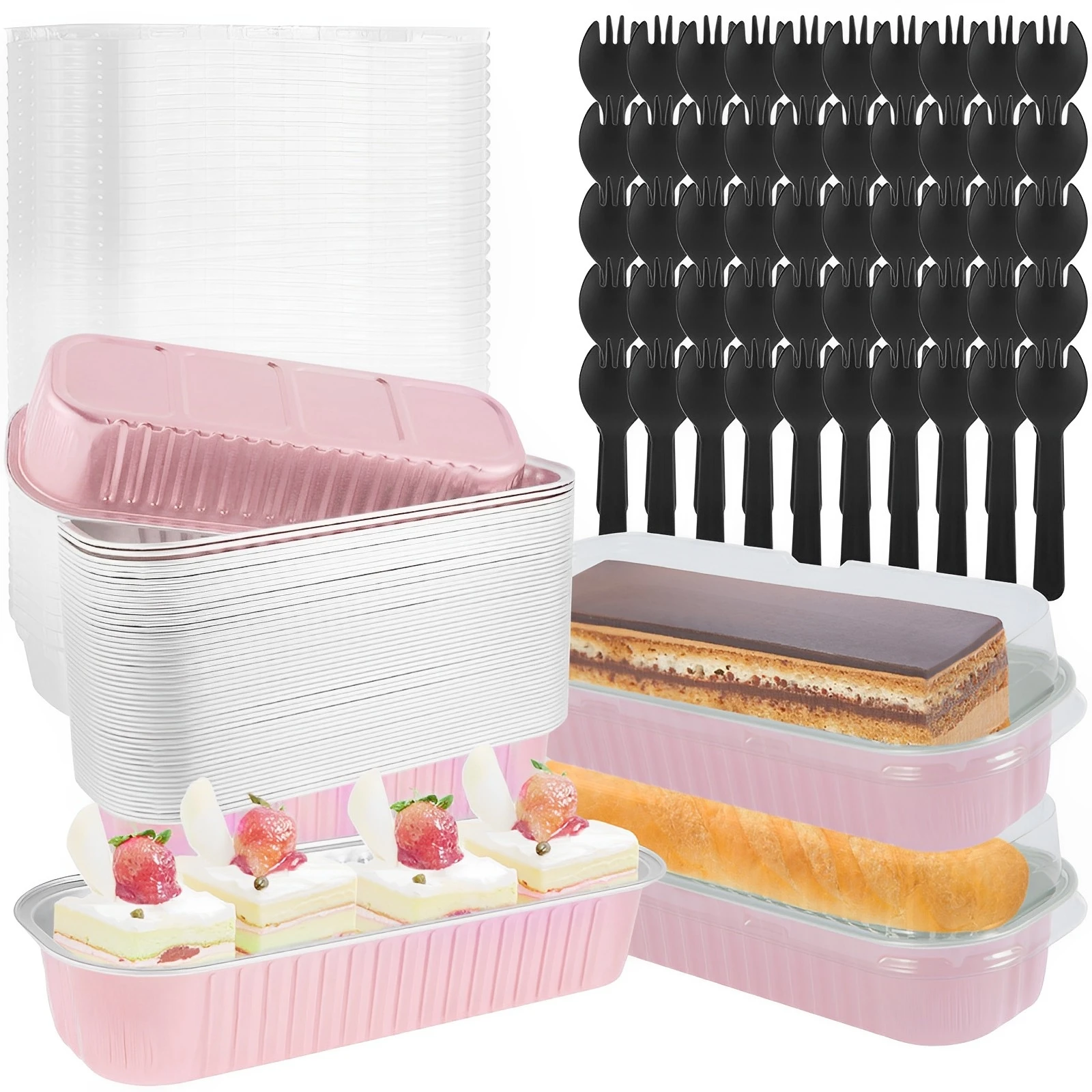 50Pcs Mini Cake Pans Set with Lids and Fork Spoons 200ml Foil Rectangle Baking Cups Aluminum Foil Loaf Pans Portable Foil Bread