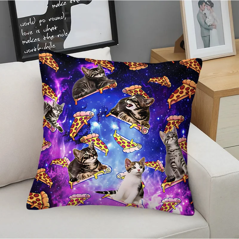 45x45cm-1Pc Microfiber Square Throw Pillow(With Pillow Insert),Ultra-Soft,Skin-Friendly,Funny Purple Galaxy Kitten Pizza Print