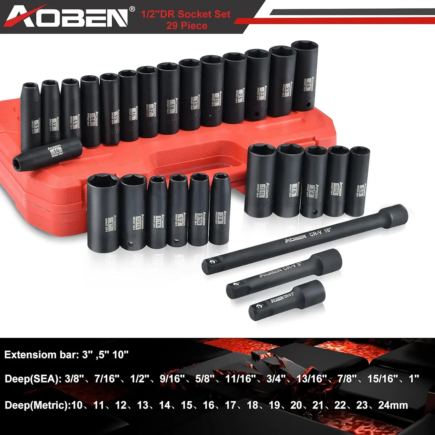 Deep Cr-V Steel Drive Impact Socket Set, barras de extensão, SAE, Metric, 3,8 "-1", 5 ", 10", 29 peças, 1 ", 2", 3 ", 5", 10"