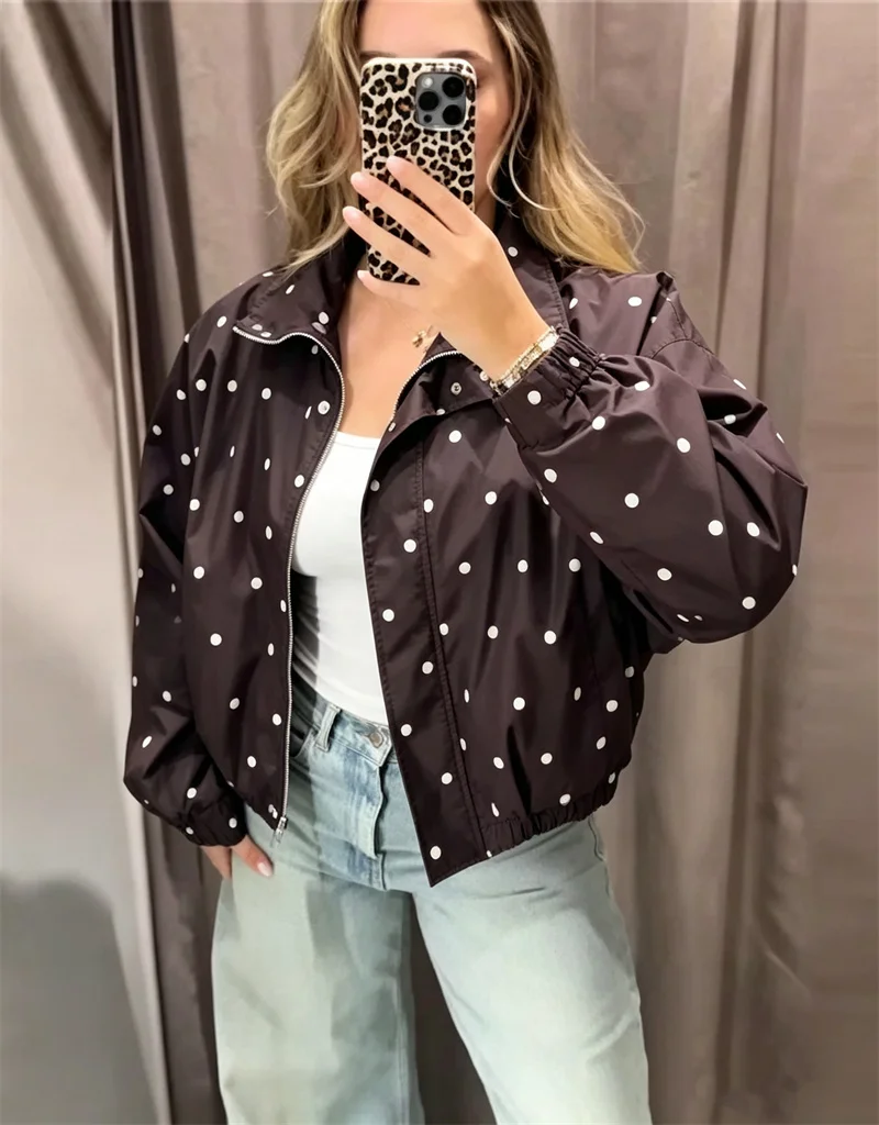 Women's Polka Dot Bomber Jacket Stand Collar Long Sleeve Elastic Hem Lightweight Windbreaker Casual Loose  Zip Up Outerwear