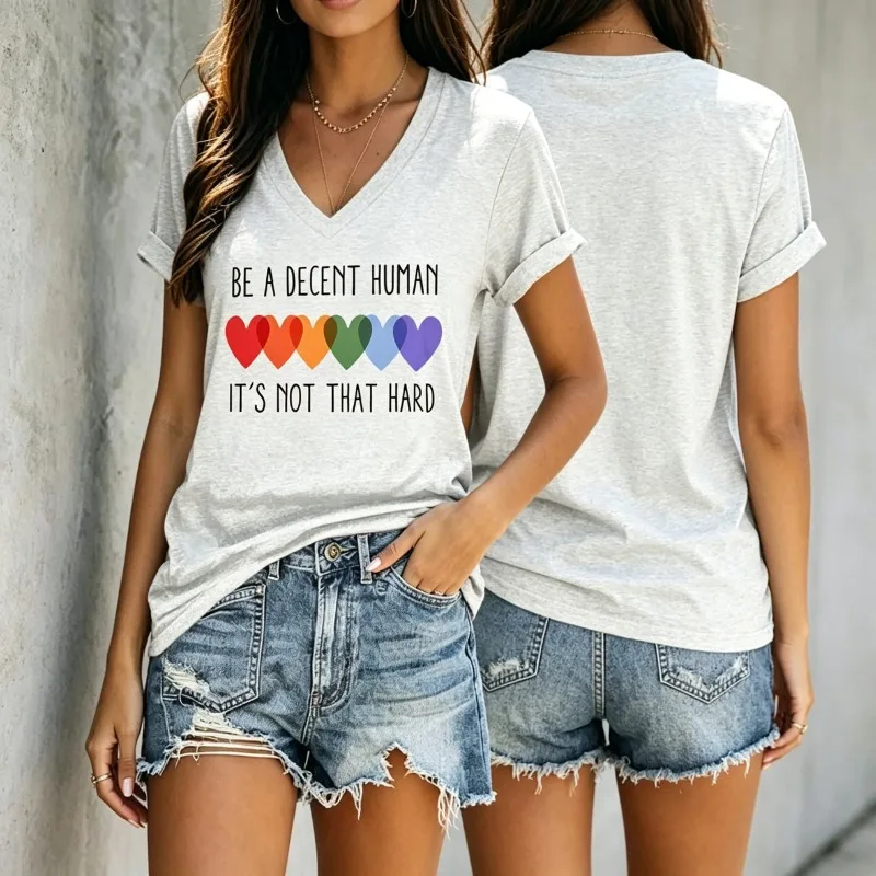 ilstile Women's Be A Decent Human V Neck T Shirt Rainbow Heart Print Casual Summer Short Sleeve LGBTQ Pride Tees 11 Colors