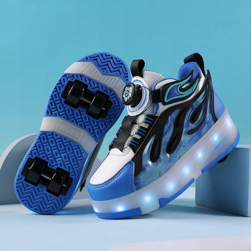 Children Cool Fire Shape USB Led Light Roller Skate Shoes 4-Wheels Sneakers Kids Shoes Light Up Sport Board Shoes for Boys Girls