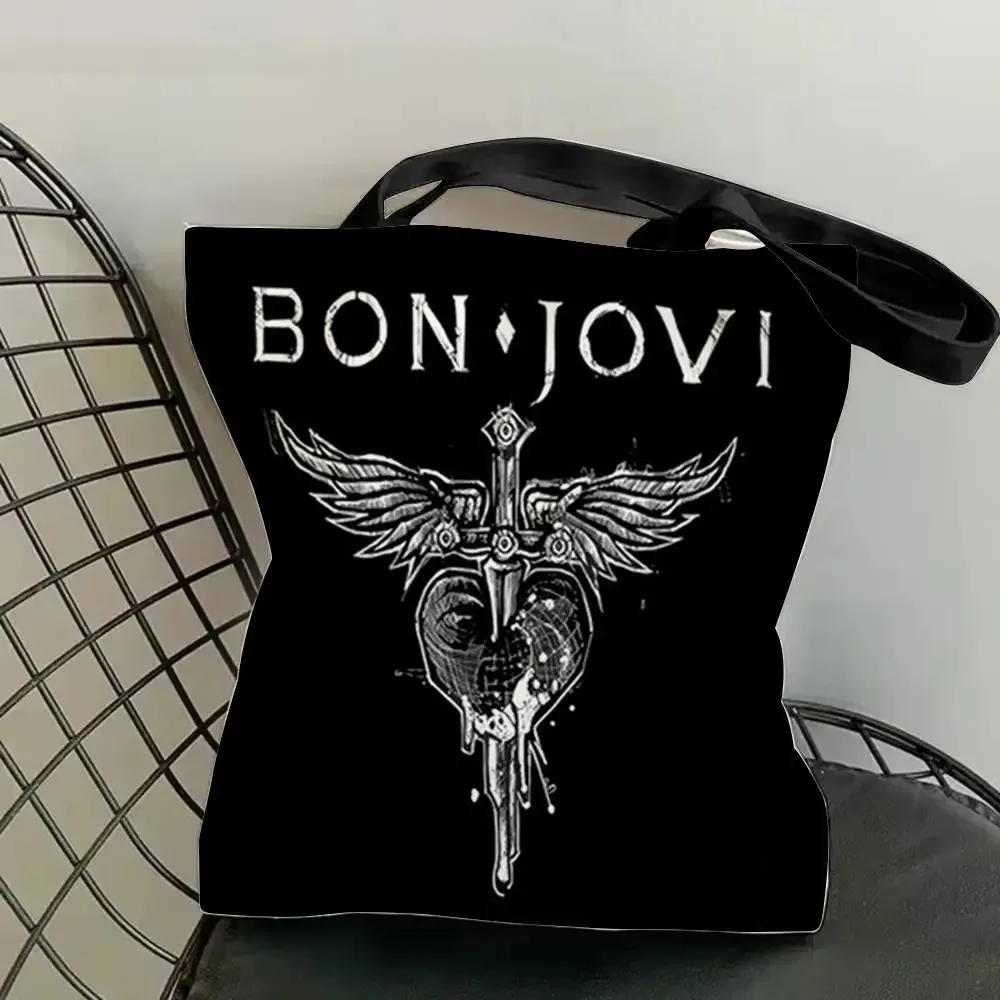 Bon Jovi Band Storage Bags Canvas Double-Sided Print Tote Bags Fashion Shoulder Tote Shopping Bag Gift Eco Handbags