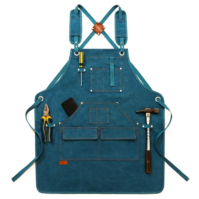 New Durable Goods Heavy Duty Unisex Canvas Work Apron with Tool Pockets Cross-Back Straps Adjustable For Woodworking Painting