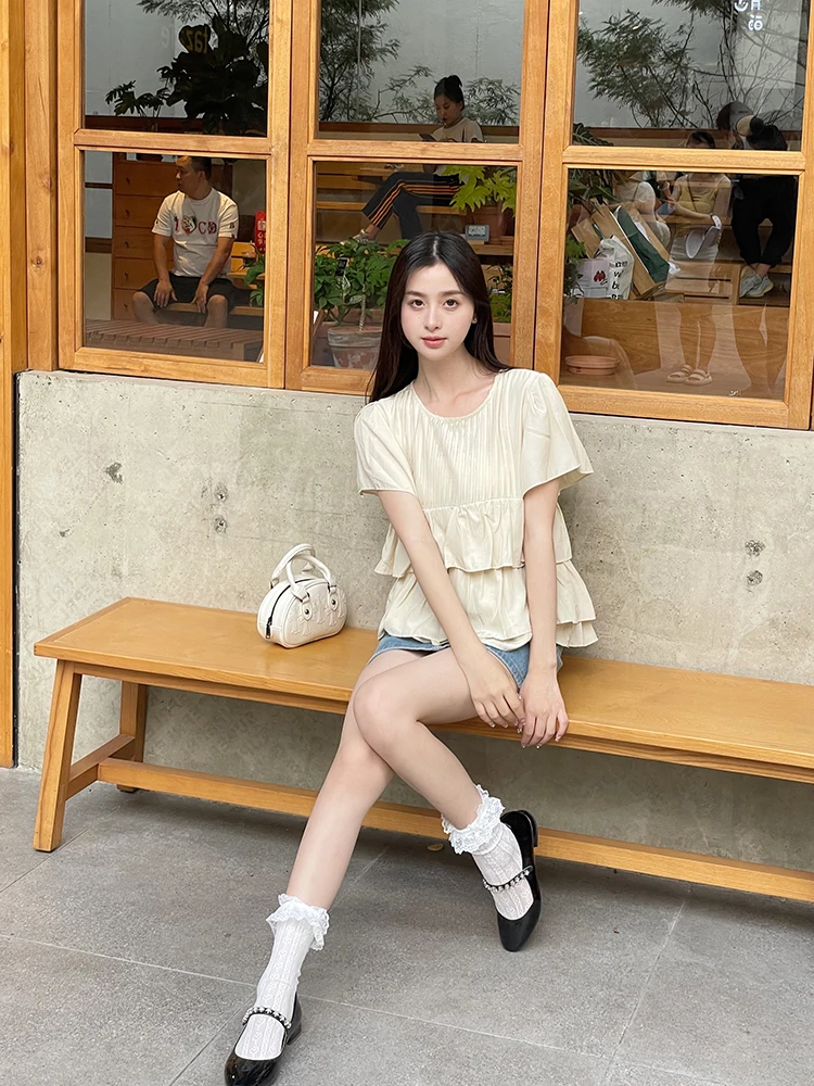 

Летний шифоновый топ Hellokay с оборками, короткий рукав, модный, омолаживающий, с круглым вырезом, в корейском стиле, 100% полиэстер