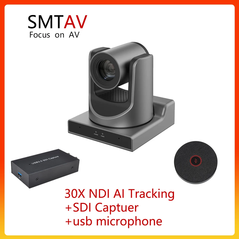 

SMTAV AI TRACKING NDI 30X Optical Zoom Camera And USB3.0 SDI Capture And 4" Omnidirectional USB Microphone Live Solution Kit