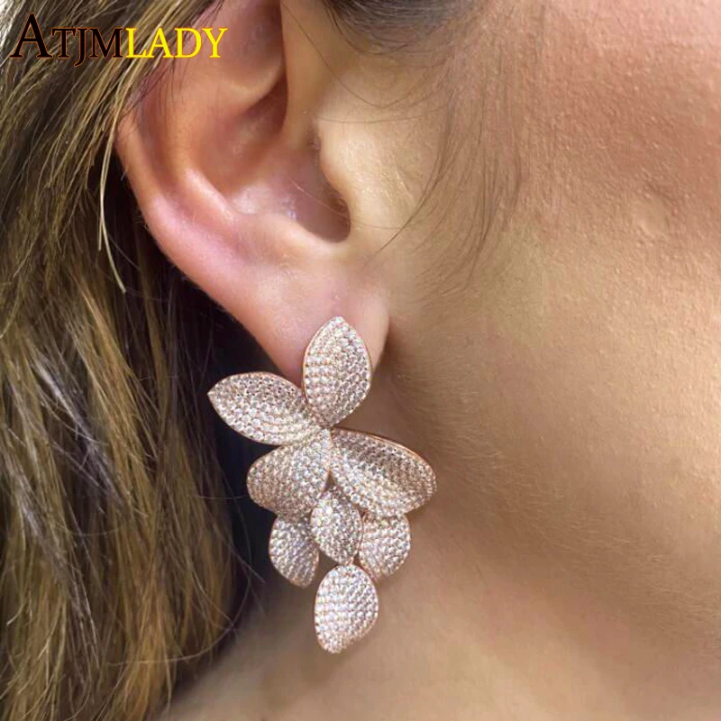 

New Arrived Iced Out Luxury Bling CZ Fashion Women Jewelry Micro Pave 5A CZ Big Flower Charm Drip Leaf Dangle Earrings