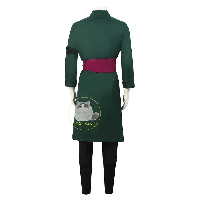 أزياء أنيمي رورونوا زورو التأثيرية زي موحد معطف أخضر وحزام وسراويل وشاح الرأس رورونوا زورو أقراط شعر مستعار ملابس الهالوين للرجال