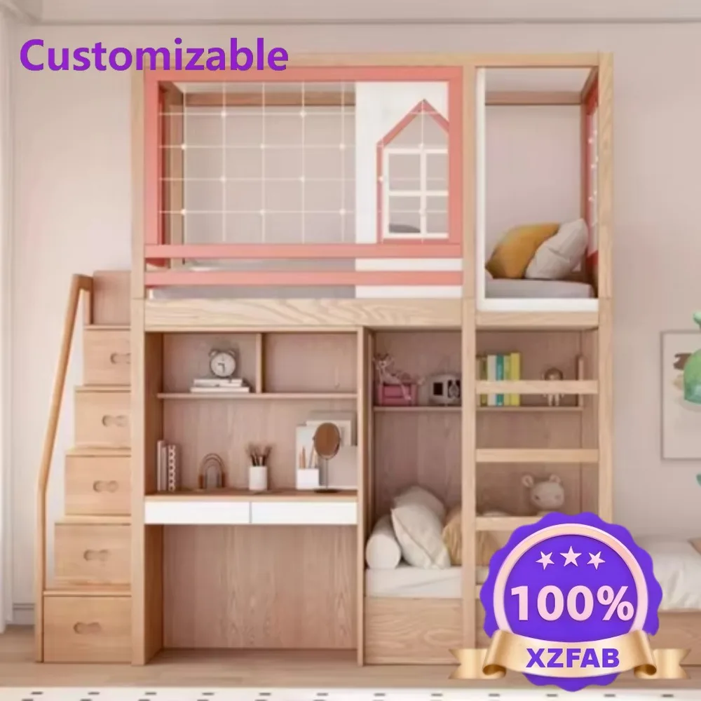 Factory Direct 2026 All Solid Wood High Guardrail Staggered Upper and Lower Bunk Beds  High/Low Tree Beds  Wide Beds with Desk