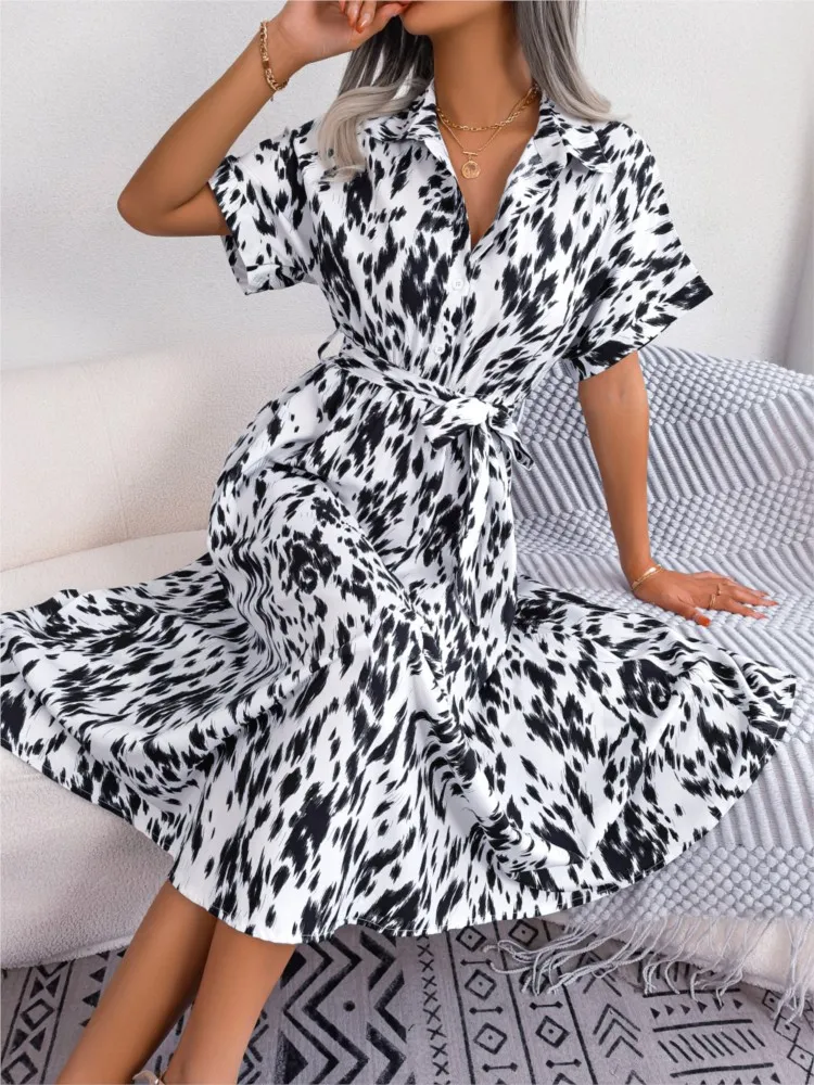 Casual Loose Lace-up Button Shirt Dress 2026 Women's Spring Summer Dress Leopard Bat Fashion Versatile Chic Long Dress Female
