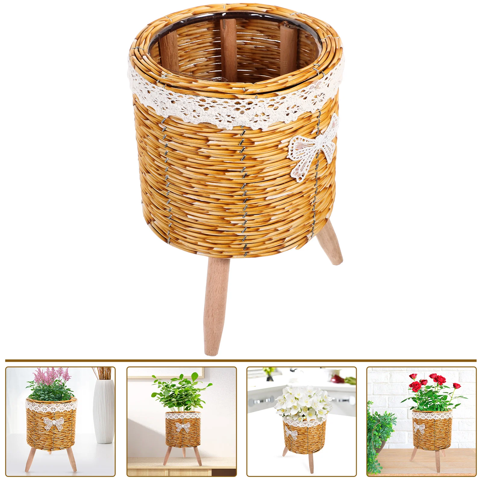 

Modern Wooden Flower Pot Rack Woven Plant Stand Indoor Tripod Holder For Decorative Planter Base Wood Bonsai Shelf