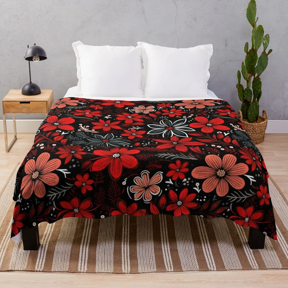 

Flowers Black and Red Pattern v.2 Throw Blanket Soft Beds Blankets For Baby Blankets