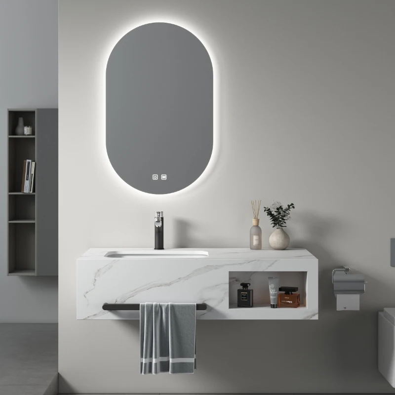 

High Quality Wall Mounted Sintered Marble Waterproof Bathroom Sink Wash Basins with Mirror and Cabinets Vanity
