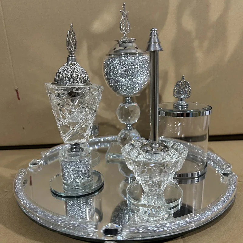 

Light Luxury Silver Aromatherapy Burner Four-piece Set Round Middle East Incense Burner Tray Living Room Ornament