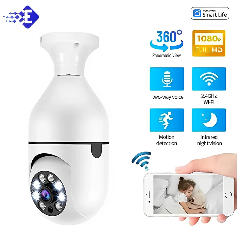 E27  APP-Light Bulb Security Cameras Outdoor Wireless WiFi Camera 5GHz, 360 Degree, E27 Light Socket Screw In Securi