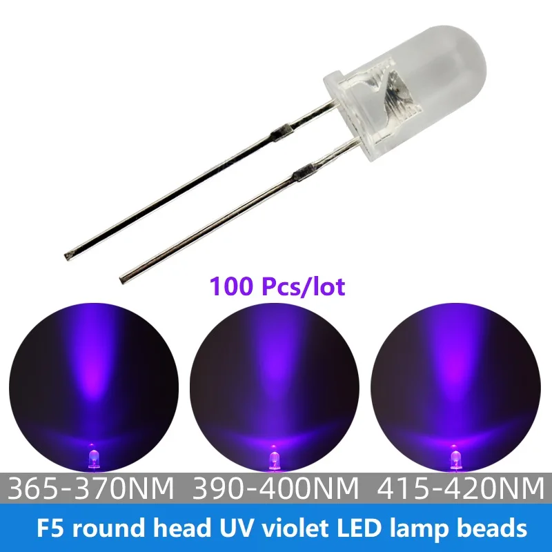 100Pcs/lot UV LED Light Emitting Diode F5 Round Ultraviolet LED 365/395/415nm Can be used for mosquito control/curing nail art