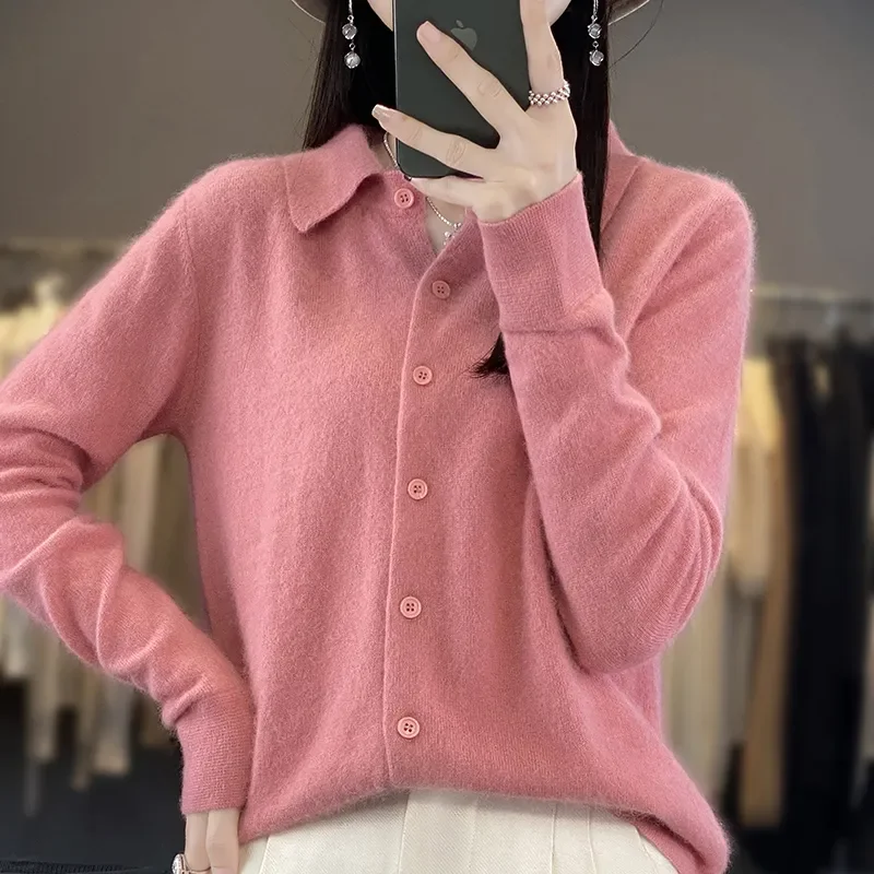 2023 Autumn/Winter 100% Mink Cashmere POLO Collar Women\'s Sweater Cardigan Solid Color Thick warm Cardigan Sweater For Women New