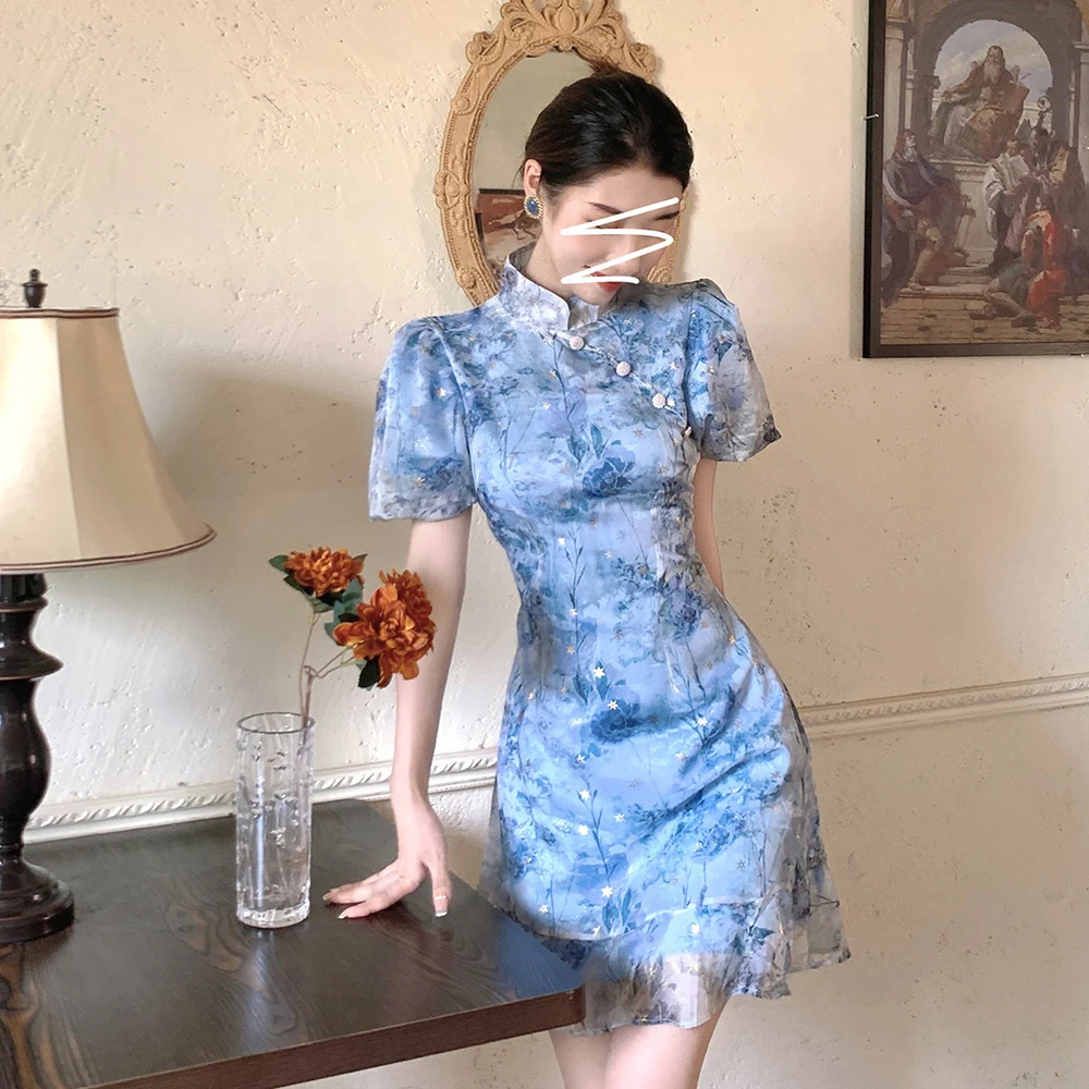 Elegant Princess Style Qipao Improved Chinese New Dress Mandarin Collar Cheongsam Lady Blue Flower Print Vestidos Party Gown