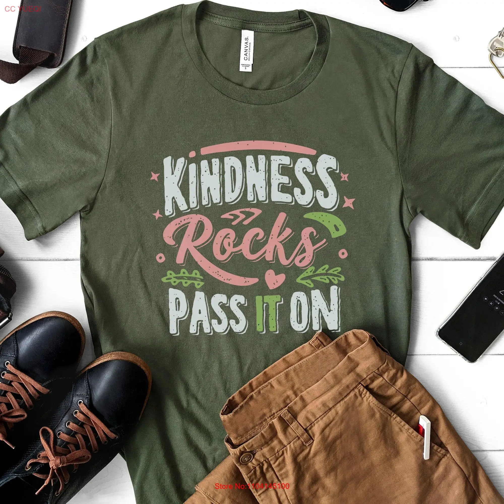 Kindness Rocks T Shirt Positive Message Pass It On Inspirational Green Top Compassion for Good long or short sleeves