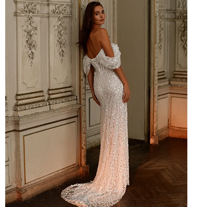 Sexy Mermaid Wedding Dress Bead With Organza Ball Gown Boat Neck Boat Neck Slit A Line Customized Bride Lace Up Vestido De Novia