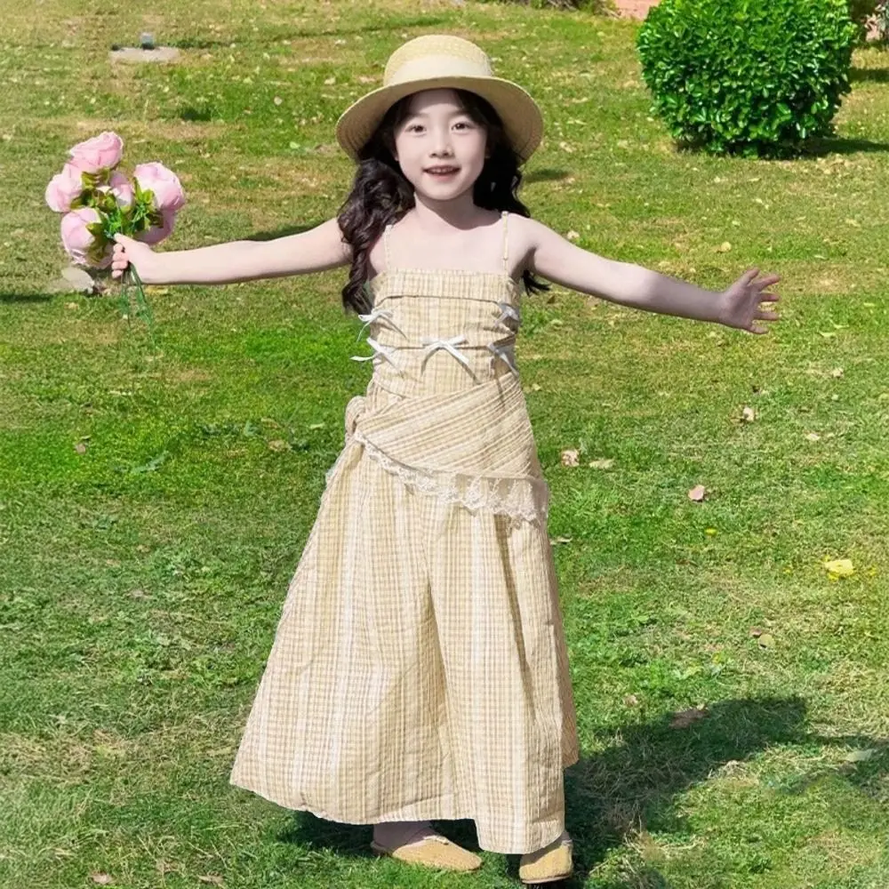 

Elegant Loose Girls Princess Grid Dress Party Beach Vacation Summer Kids Dresses Teenagers Sweet Children Sling Dress Holiday