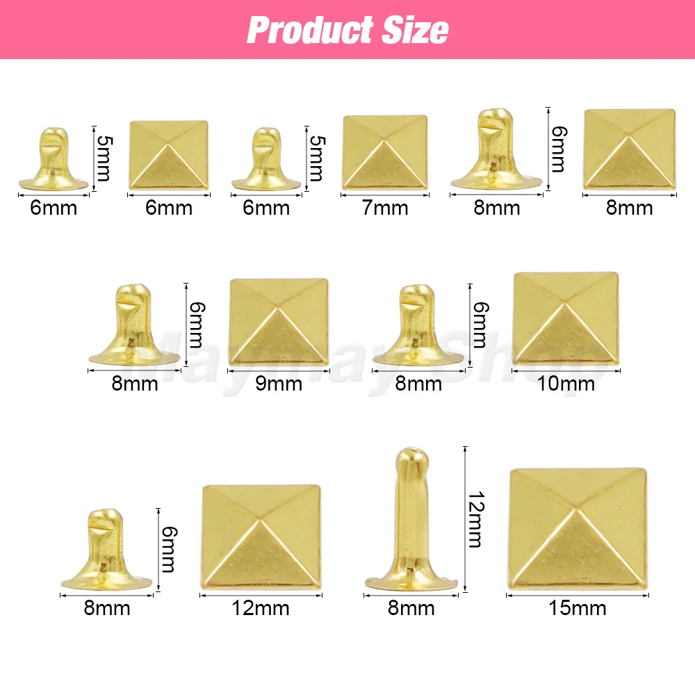 100sets 6-12mm Metal Pyramid Cap Rivets Studs Square Rivet for Leather Craft Bag Belt Clothing Garment Shoes Accessories